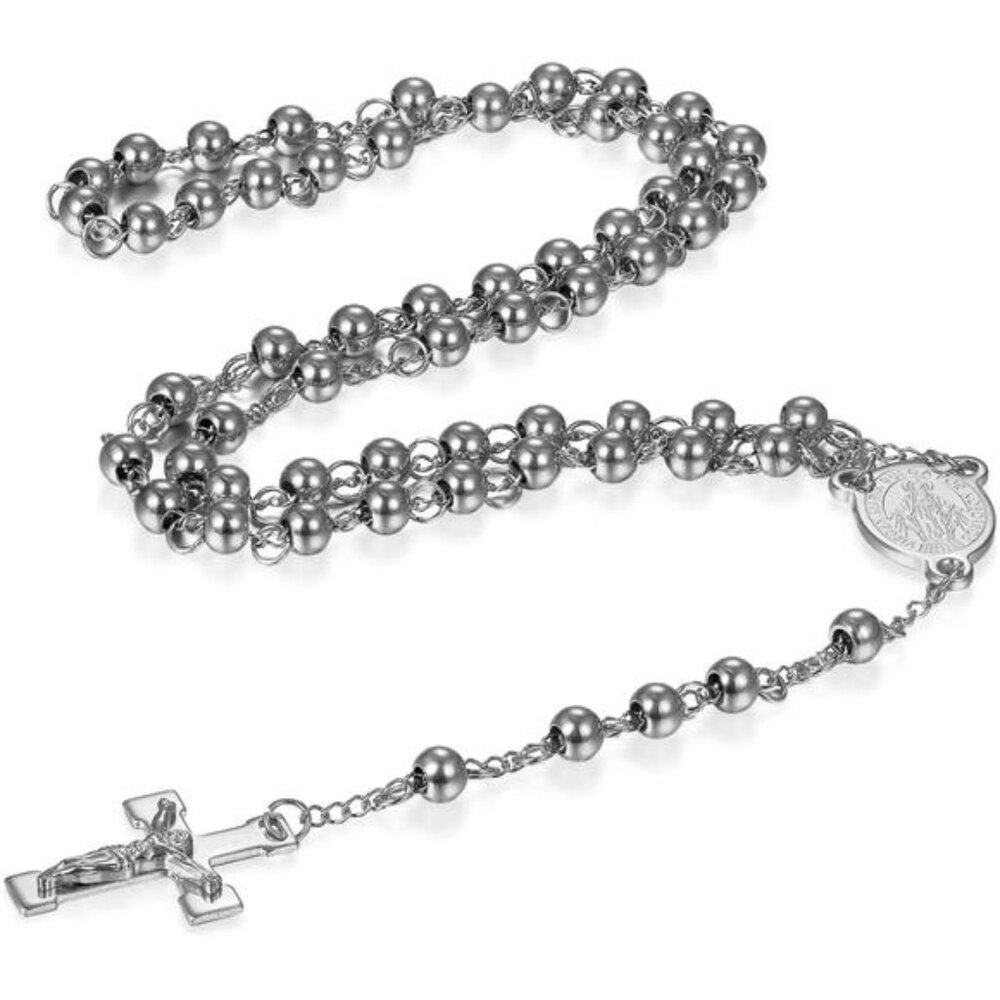 Rosary Beads Cross Necklace for Women Men, Stainless Steel Lords Prayer Long